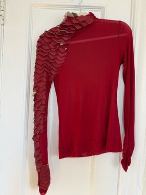 Gracia Red Long-Sleeve Mesh Top with Scaled Shoulder Detail